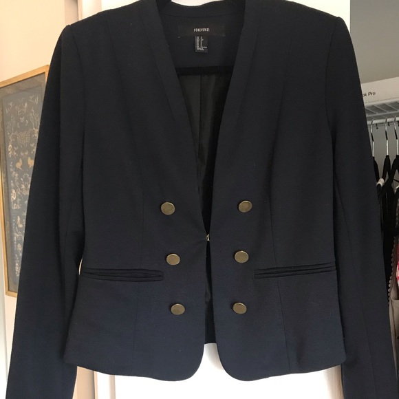 F21 navy blue cropped blazer w/ gold buttons - Picture 1 of 9